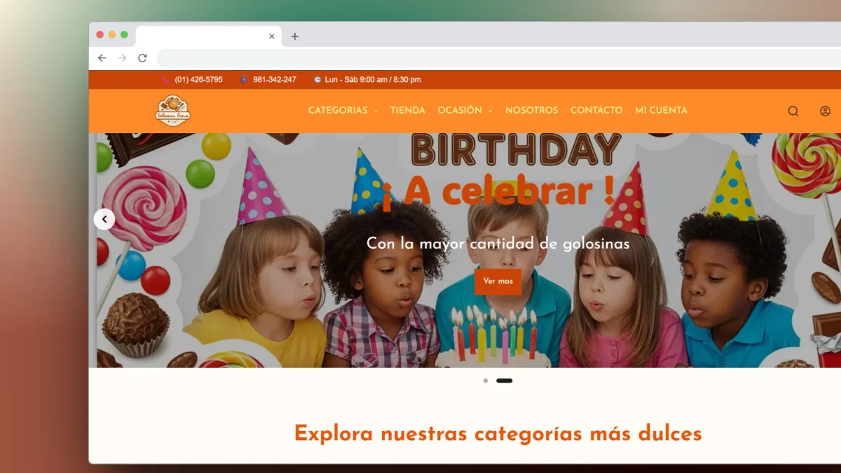 Portada de la web de Golosinas Gema con su tienda y categorías de golosinas